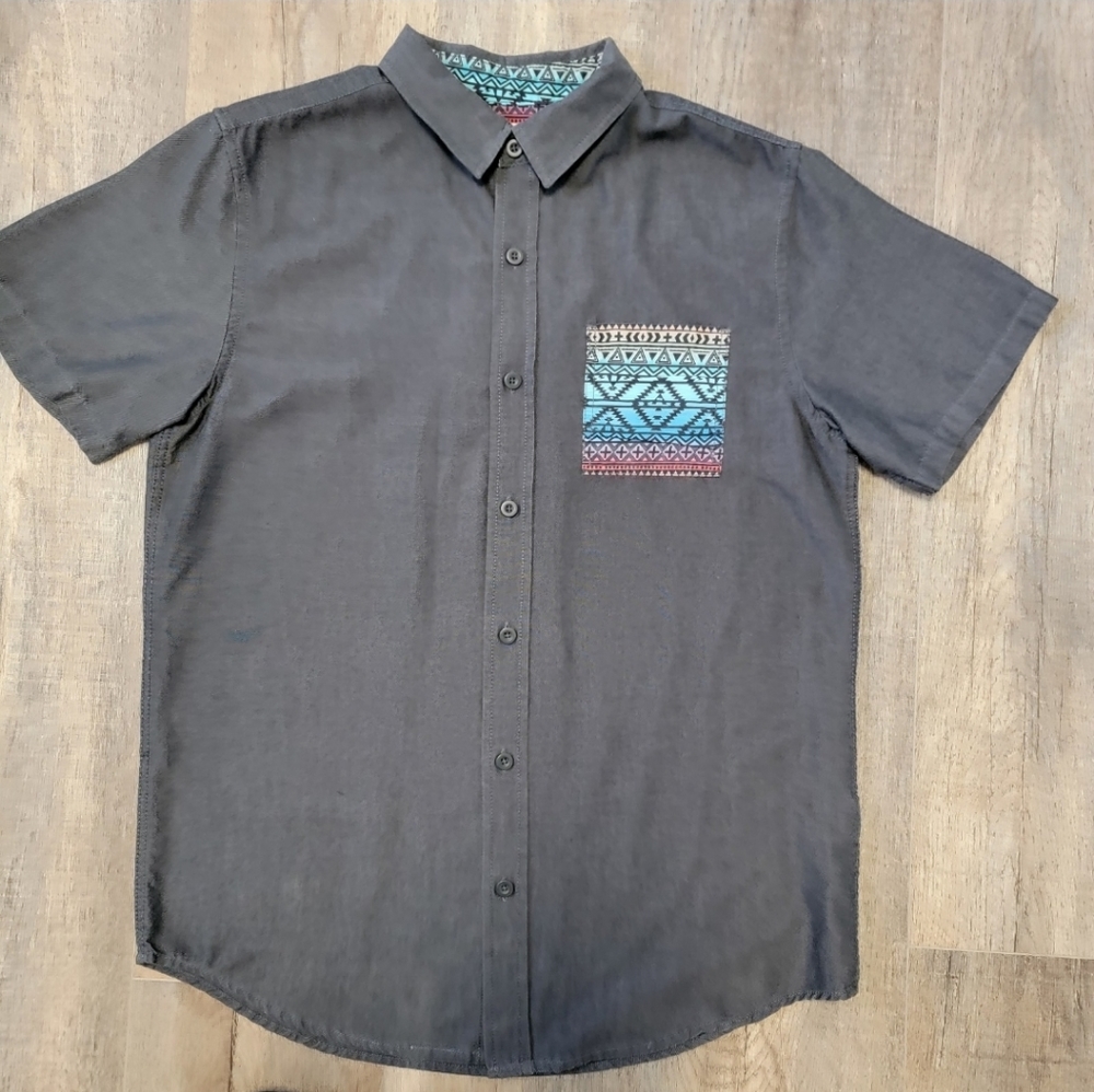 On The Byas Gray Multicolored Aztec Geometric Print Button Up Men's Medium